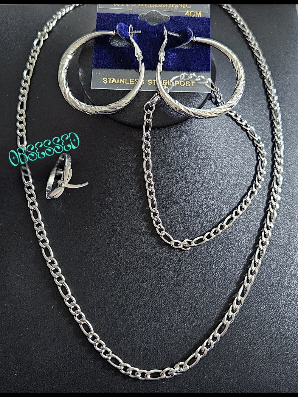 Stainless Steel Hoop Earrings + Chain Necklace Set